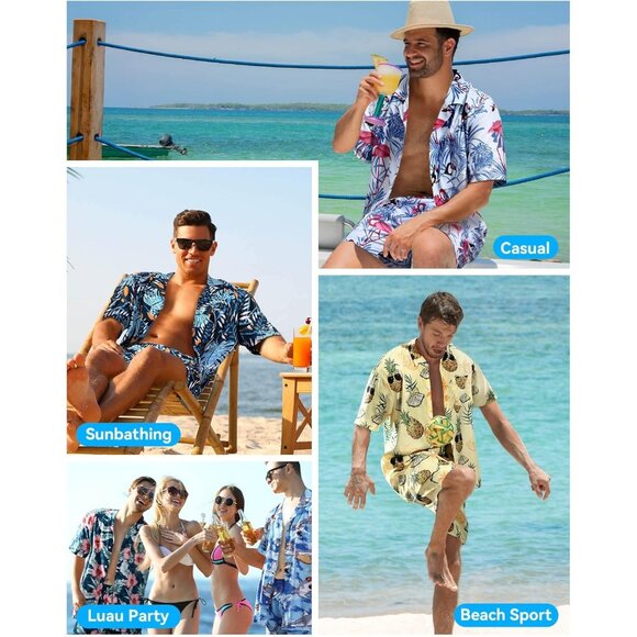 Men Yellow Hawaiian Shirt Pineapple Print Short Sleeve Button Up Casual Top - Picture 7 of 8